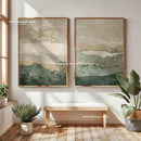 2pcs/set Japanese Retro Wabisabi Mountain Abstract Canvas Printing Abstract Green Sunset Flying Crane Wall Art Poster Home Decor