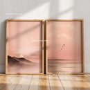 2pcs/set Japanese Retro Wabisabi Mountain Abstract Canvas Printing Abstract Green Sunset Flying Crane Wall Art Poster Home Decor